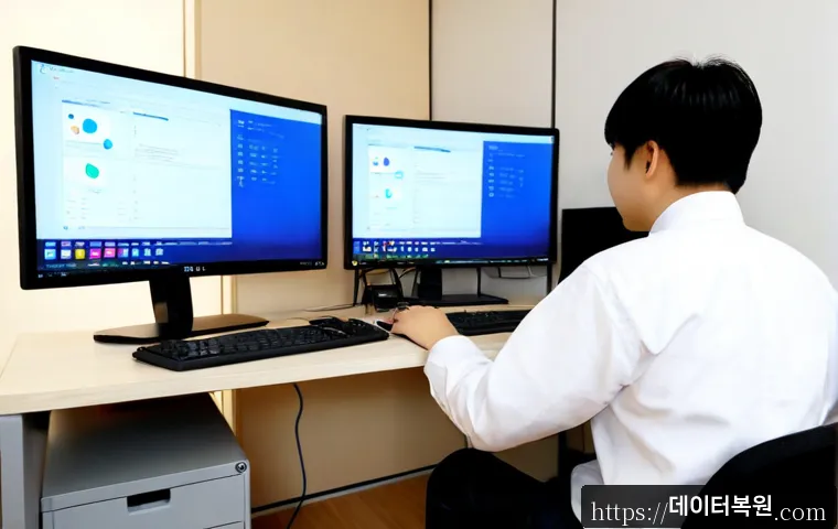 화정동 SESSION_HAS_NO_PAGEFILE - Photorealistic remote IT support workstation in a Hwajeong-dong apartment office, dual monitors show...