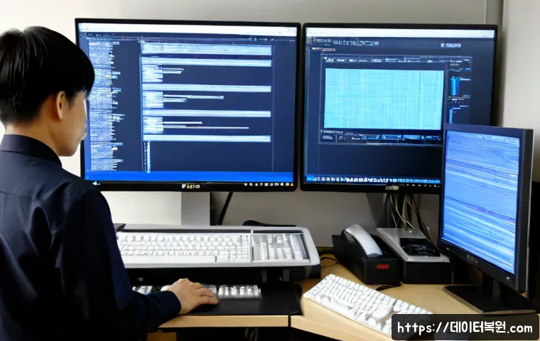 경안동 STATUS_KERNEL_DATA_CORRUPTION - Photorealistic IT support workstation in a compact Korean office near a residential commercial distr...