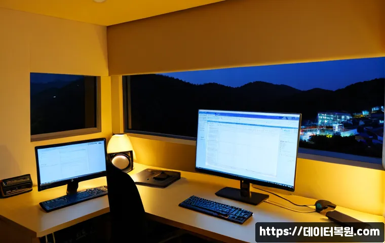 염리동 STATUS_IMAGE_CHECKSUM_MISMATCH - Photorealistic IT support workstation in a compact Yeomni-dong apartment office, dual monitors showi...