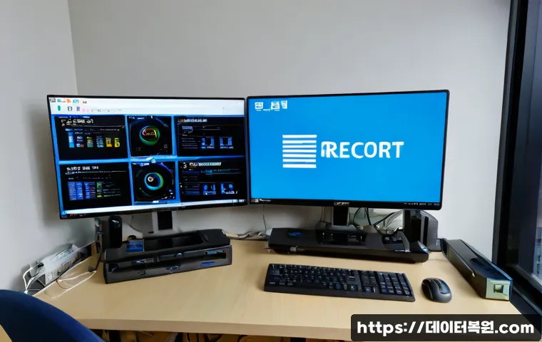 남영동 WIN32K_POWER_WATCHDOG_TIMEOUT - Photorealistic IT support workstation in Namyeong-dong, Seoul, dual monitors showing a clean abstrac...