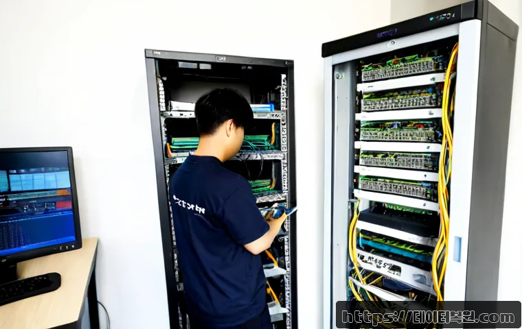 증산동 서버출장방문수리점 - Photorealistic IT technician repairing a compact office server rack in a modern Jeungsan-dong worksp...