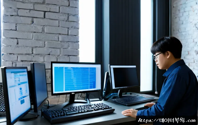 문래동 IRQL_NOT_LESS_OR_EQUAL - Photorealistic IT support workstation in a converted industrial studio, dual monitors showing abstra...