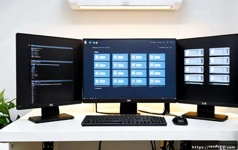 행운동 나스 nas 설정및수리 - Photorealistic IT technician configuring a compact four-bay NAS on a clean workstation, dual monitor...
