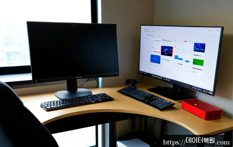 순화동 STATUS_DISK_FULL - Photorealistic remote-support workstation in a compact Sunhwa-dong office, dual monitors showing a b...