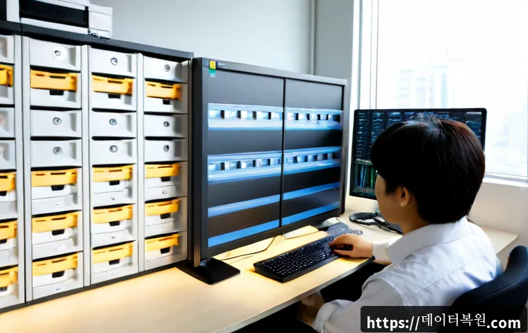 공덕동 나스 nas 설정및수리 - Photorealistic IT technician configuring a compact multi-bay NAS on a clean office workstation, dual...