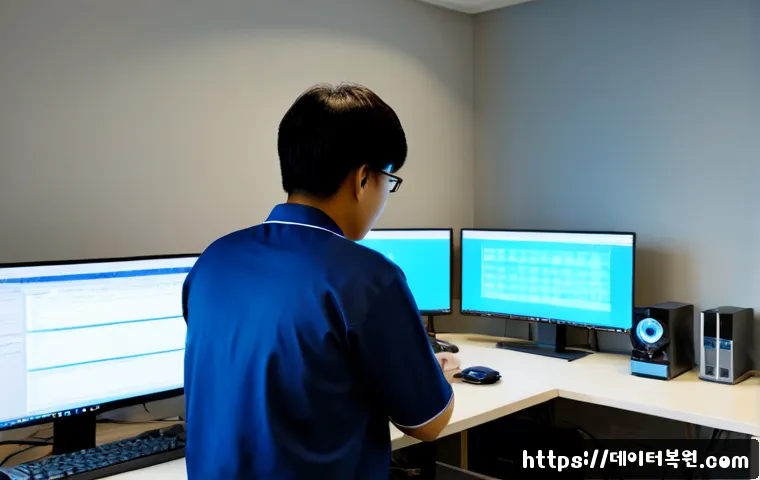 옥길동 BAD_SYSTEM_CONFIG_INFO - Photorealistic IT support workstation in a modern apartment office near a quiet Korean new-town gree...