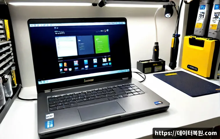 종암동 맥북프로 판매 및 수리 - Photorealistic premium laptop repair workstation in a compact Jongam-dong electronics shop, unbrande...