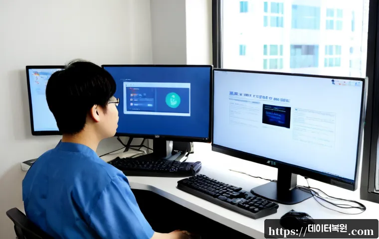 연건동 입력신호가 없습니다 - Photorealistic IT support workstation in a compact Yeongeon-dong medical research office, dual monit...