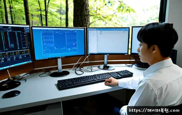 산림동 STATUS_KERNEL_THREAD_TIMEOUT - Photorealistic IT support workstation in a compact Korean forest-edge neighborhood office, dual moni...