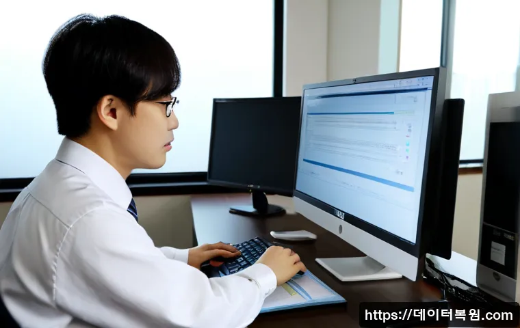 신문로 STATUS_INVALID_THREAD - Photorealistic remote-support workstation in a quiet Sinmun-ro office, IT specialist examining a dua...