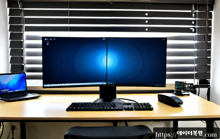 용문동 STATUS_IMAGE_NOT_FOUND - Photorealistic remote-support workstation in a compact Yongmun-dong office, dual monitors showing a ...