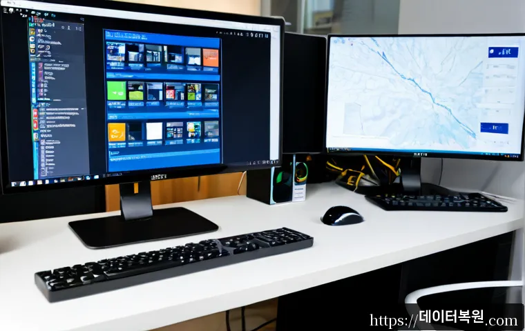 월계동 THREAD_STUCK_IN_DEVICE_DRIVER - Photorealistic IT support workstation in a compact Wolgye-dong apartment office, dual monitors froze...
