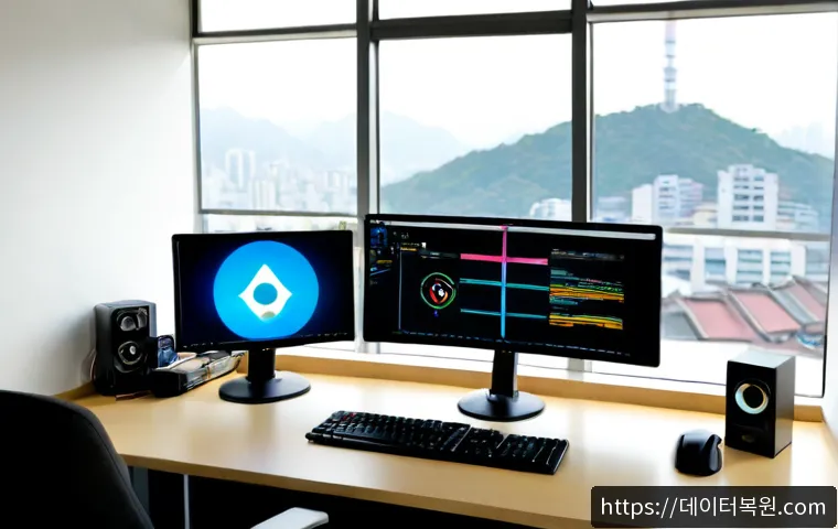현석동 SOFTWARE_EXCEPTION - Photorealistic software engineer at a clean workstation in a quiet hillside Seoul neighborhood offic...