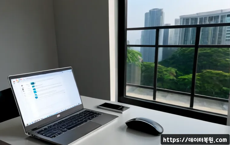 방이동 macosX재설치 포맷  초기화 - Photorealistic remote-support workstation in a bright Bangi-dong apartment office, sleek silver lapt...