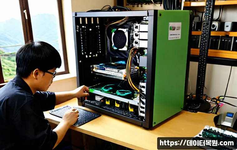 이화동 파워조립 및 교체수리 - Photorealistic desktop PC repair bench in a compact Ihwa-dong electronics workshop, technician insta...