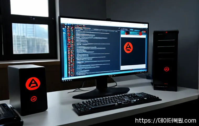 주암동 STATUS_KERNEL_BOOT_DRIVE_ERROR - Photorealistic IT support workstation in a quiet Jooam-dong office, dual monitors showing a dark boo...