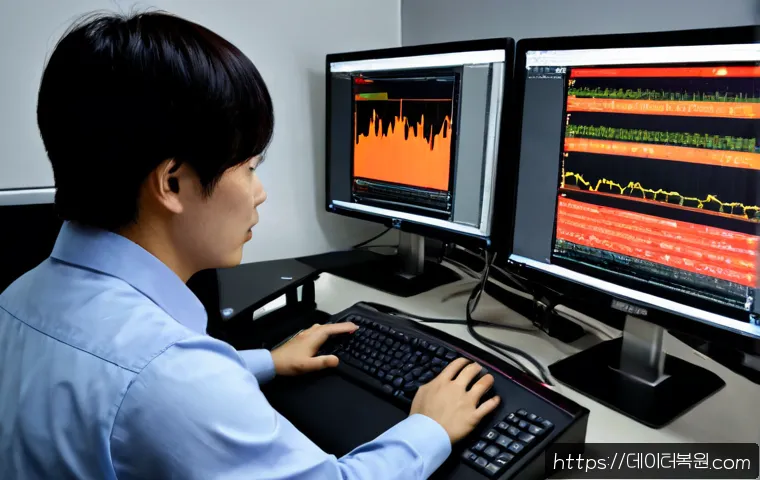 성동구 STATUS_KERNEL_LOG_FAILURE - Photorealistic IT support workstation in Seongdong-gu, dual monitors showing a dark abstract system ...