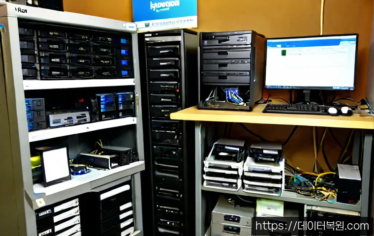 황학동 pc복구중 - Photorealistic PC recovery workstation in a compact Seoul electronics repair shop, open desktop towe...