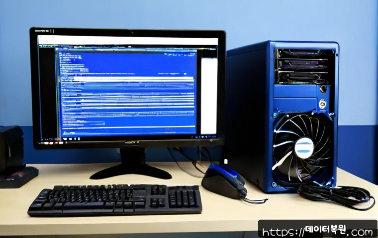 광희동 블루스크린 - Photorealistic IT support workstation in Gwanghui-dong, a desktop monitor showing a solid cobalt-blu...