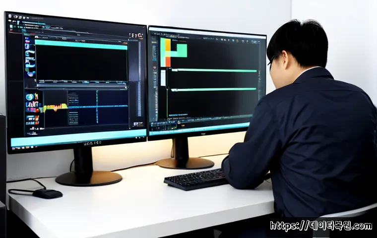 우면동 UNMOUNTABLE_BOOT_VOLUME - Photorealistic IT support workstation in Umyeon-dong, Seoul, dual monitors showing a blank dark reco...
