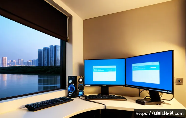 잠원동 SESSION_HAS_NO_PAGEFILE - Photorealistic IT support workstation in a refined riverside apartment office near Jamwon-dong, dual...