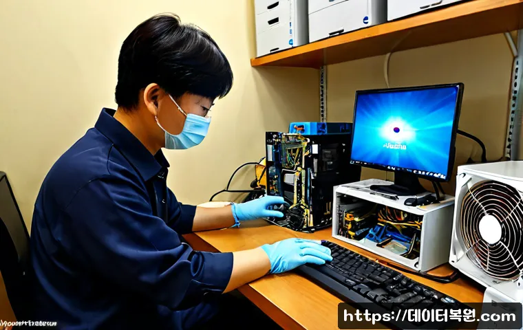 마포동 아이맥 판매 및 수리 - Photorealistic desktop computer repair workstation in a compact Mapo-dong electronics shop, silver a...
