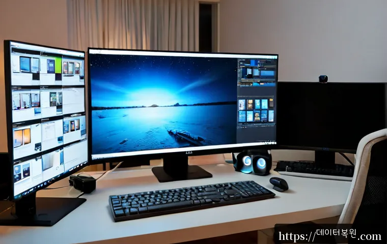 주엽동 VIDEO_TDR_FAILURE - Photorealistic Korean home-office workstation at night, dual monitors showing a frozen video-editing...