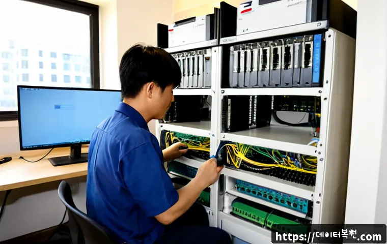 신도동 네트워크구축 설정 및 세팅오류해결 - Photorealistic network technician configuring a compact office workstation in Sindong-dong, neatly r...