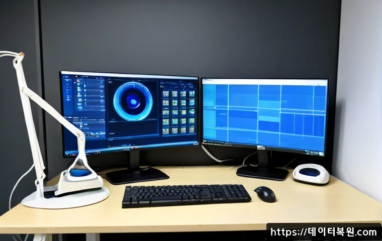 수표동 STATUS_KERNEL_DEVICE_ERROR - Photorealistic IT support workstation in a compact Seoul office near an older commercial alley, ultr...