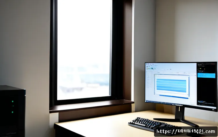 저동 윈도우8 windows8 재설치 포맷  초기화 - Photorealistic remote-support workstation in a compact Jeodong office, desktop monitor showing a cle...