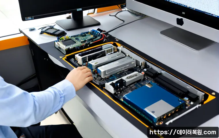 세종로 아이맥 판매 및 수리 - Photorealistic premium computer repair workshop near a broad central Seoul boulevard, sleek silver a...