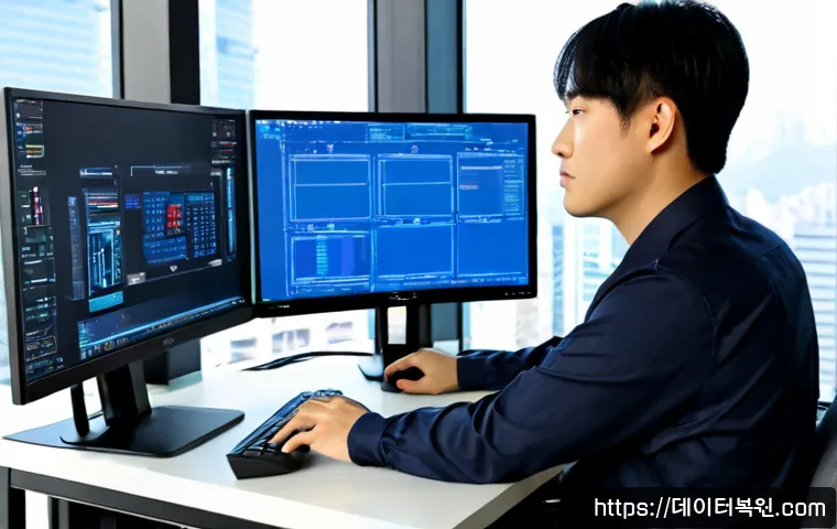 구로동 SESSION_HAS_NO_PAGEFILE - Photorealistic IT support workstation in a compact Guro-dong office, dual monitors showing abstract ...