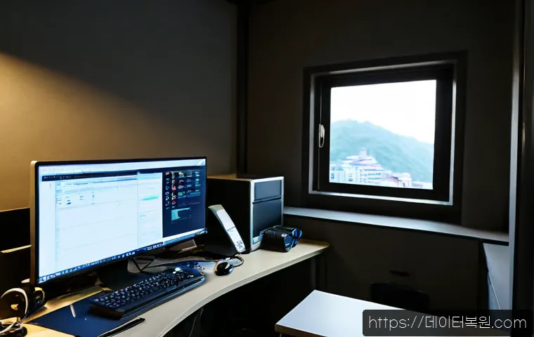 교남동 STATUS_KERNEL_POWER_FAILURE - Photorealistic IT support workstation in a compact Jongno hillside office, desktop monitor abruptly ...