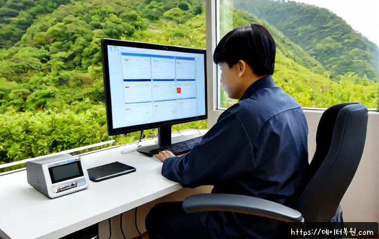 무악동 STATUS_PAGE_FAULT - Photorealistic IT support workstation in a compact apartment office near a wooded hillside district,...