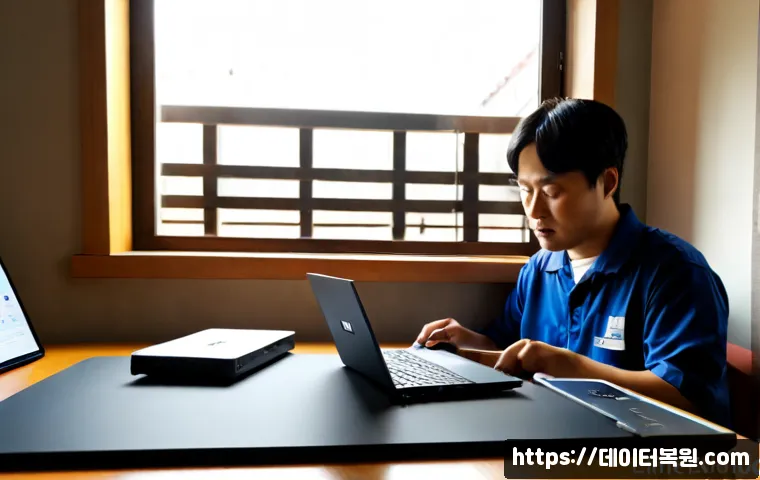 주교동 노트북 laptop 출장방문수리점 - Photorealistic laptop visiting repair technician at a compact apartment workstation in Jugyo-dong, c...