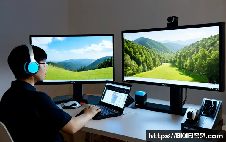 우장산 STATUS_IMAGE_ACCESS_DENIED - Photorealistic remote IT support workstation in a quiet apartment near a wooded hillside, dual monit...