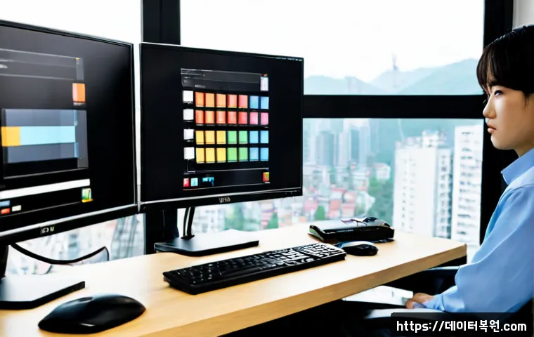 원신동 FAT_FILE_SYSTEM - Photorealistic IT support workstation in a compact Korean apartment office, dual monitors showing a ...