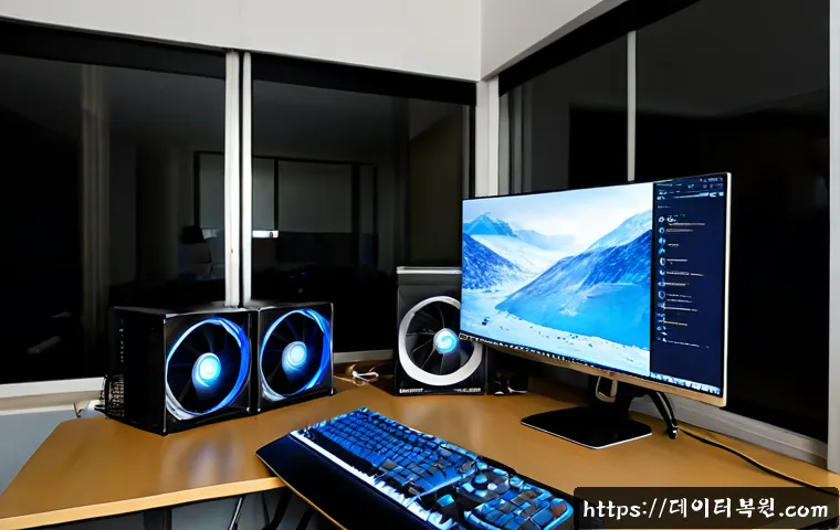 와룡동 HARDWARE_INTERRUPT_STORM - Photorealistic IT support workstation in a compact Waryong-dong office, dual monitors showing a froz...