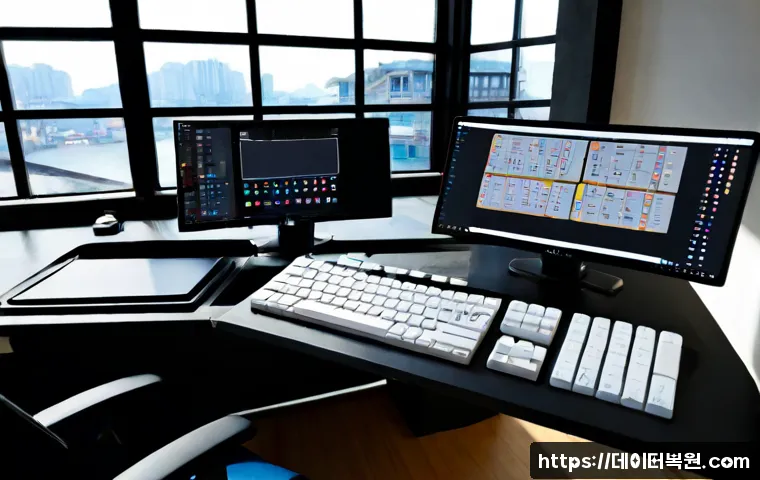 양화동 STATUS_FILE_INVALID - Photorealistic architectural CAD workstation in a compact Yanghwa-dong studio, dual monitors showing...