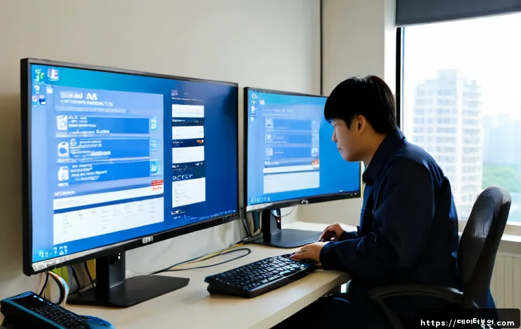 성내동 SYSTEM_SERVICE_EXCEPTION - Photorealistic IT support workstation in a compact Sungnae-dong office, dual monitors showing a blan...