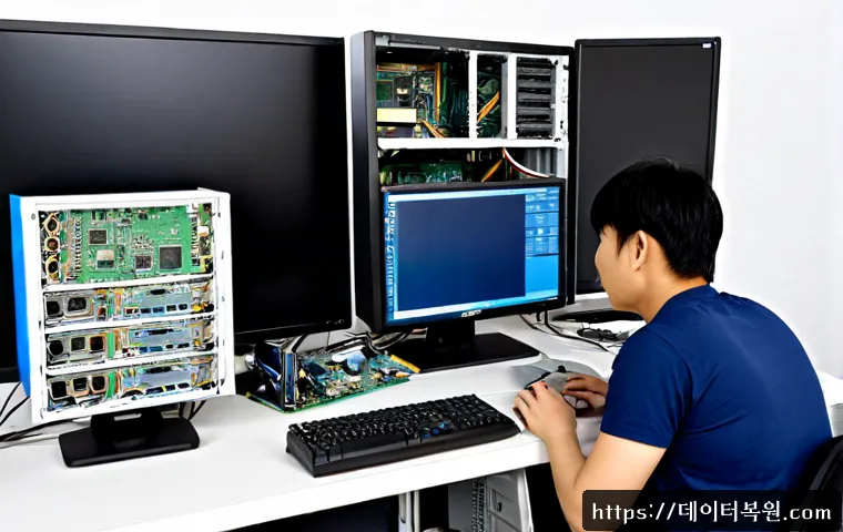 당주동 컴퓨터 desktop 출장방문수리점 - Photorealistic onsite desktop computer repair in a compact office near an old civic district, skille...