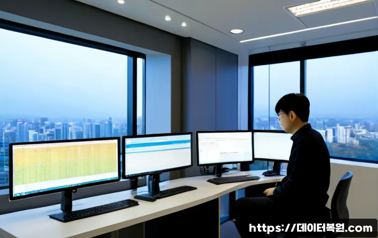 상암동 STATUS_DATATYPE_MISALIGNMENT - Photorealistic IT support workstation in a modern Sangam digital-media office, dual monitors showing...