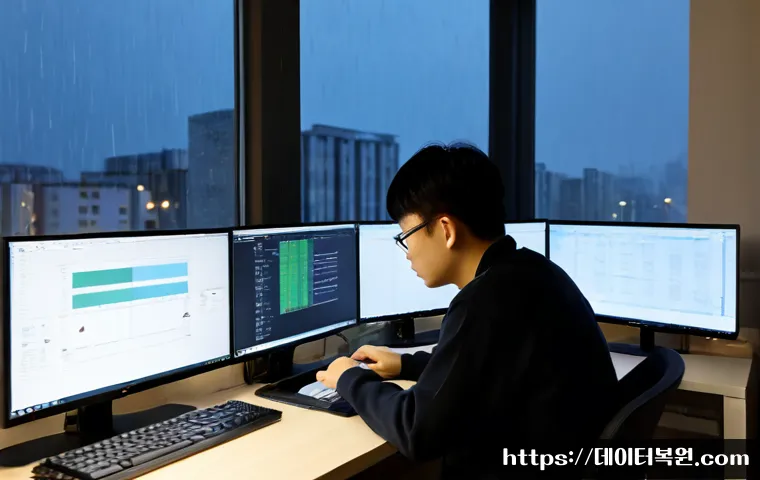 원문동 SOFTWARE_EXCEPTION - Photorealistic software engineer at a compact workstation in Wonmun-dong, studying a dual-monitor CA...