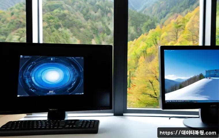 설악면 KERNEL_STACK_INPAGE_ERROR - Photorealistic remote support workstation in a quiet mountain-side office, dual monitors showing a f...