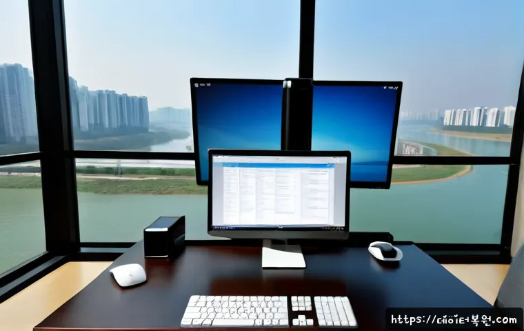 반포동 STATUS_FILE_IN_USE - Photorealistic premium remote-support workstation in a quiet Banpo apartment office, dual monitors s...