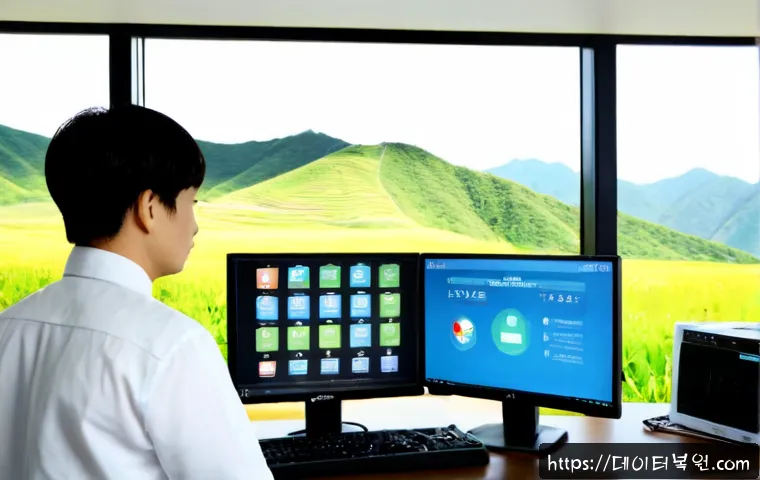 오포읍 STATUS_SECURITY_POLICY_VIOLATION - Photorealistic remote IT support workstation in a quiet suburban Korean township office, dual monito...