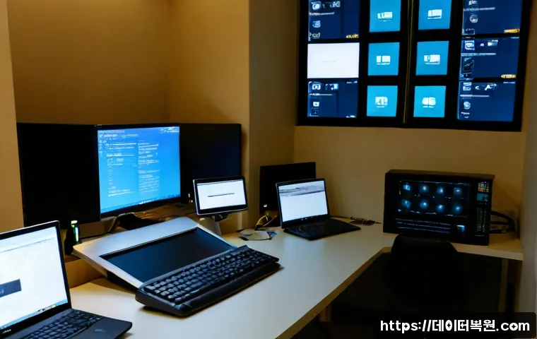동화동 STATUS_KERNEL_ACCESS_DENIED - Photorealistic IT support workstation in a compact Donghwa-dong apartment office, dual monitors show...