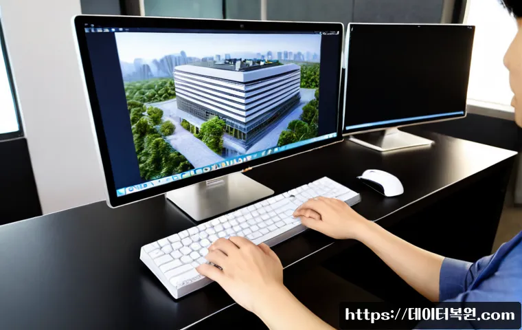 장항동 press  f4  key - Photorealistic modern design workstation in a Janghang-dong creative office, architect pressing an F...