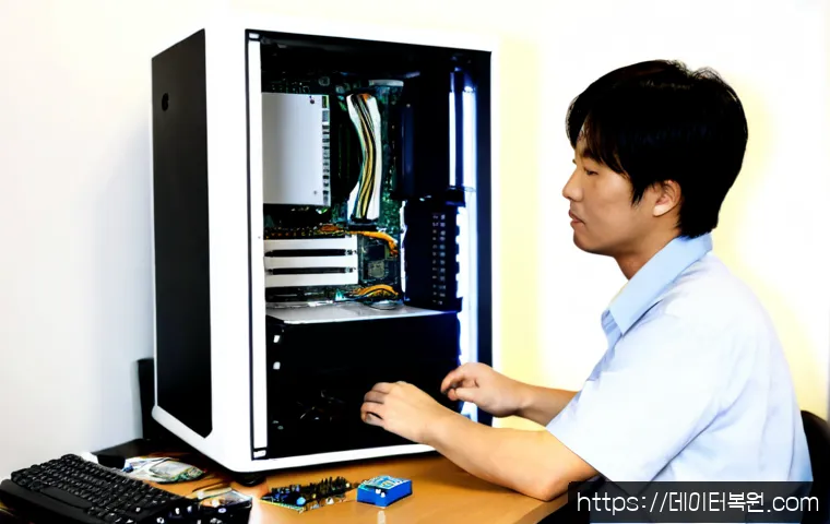 번동 메인보드조립 및 교체수리 - Photorealistic computer repair bench in a compact Beon-dong apartment workspace, technician carefull...
