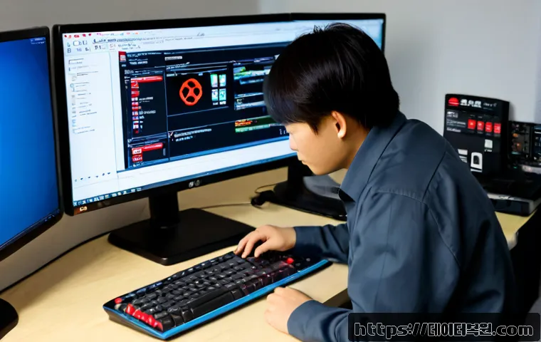 노량진 STATUS_IO_ERROR - Photorealistic IT support workstation in a compact office near a riverside fish market district, dua...